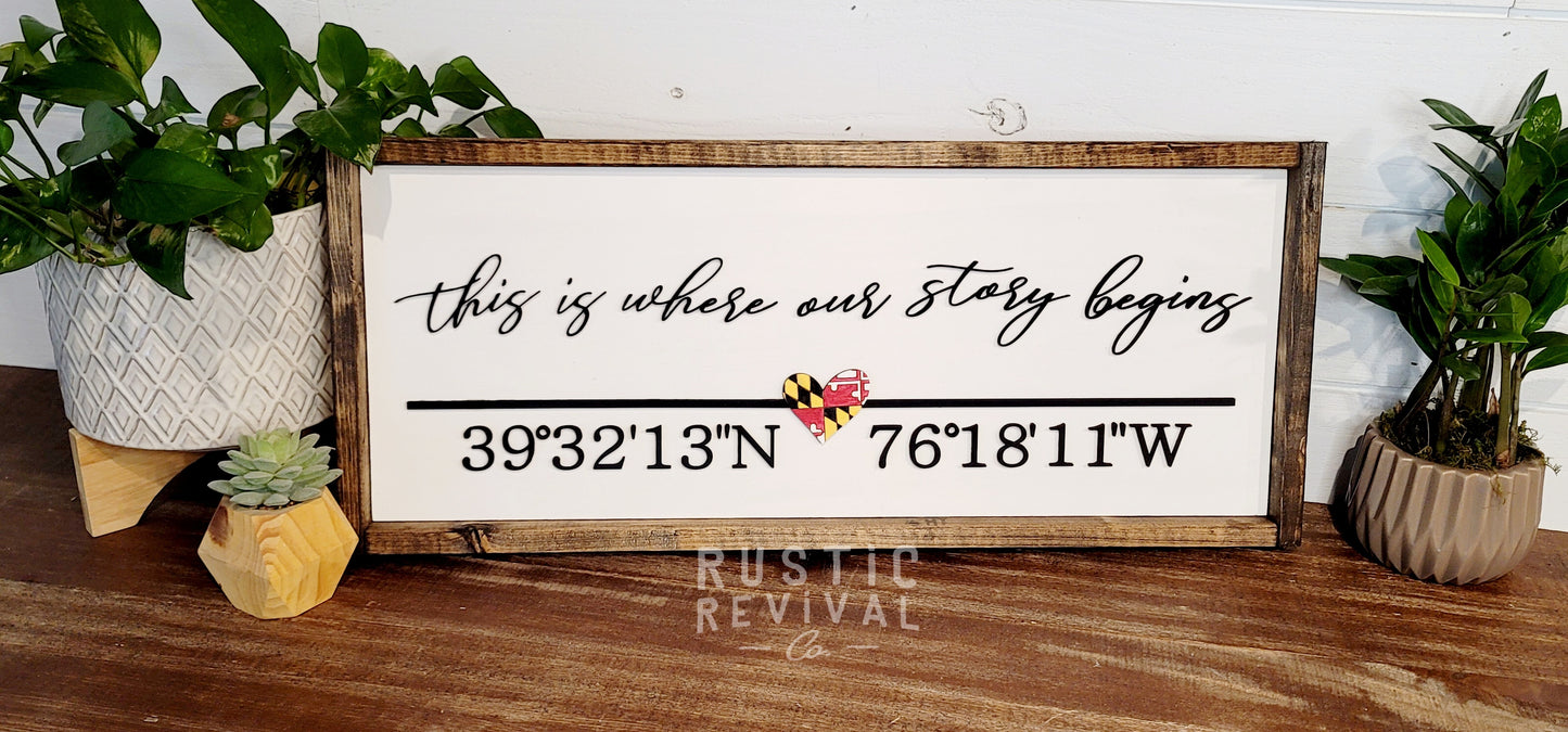 This is Where Our Story Begins Sign w/ Custom Coordinates